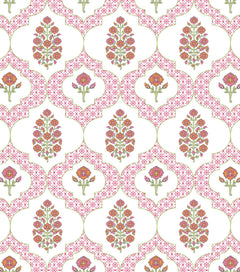 Indiennes Mahjong and Games Tablecloth | Pink, a repeating print on white with green ogee frames, pink geometric lattice, and pink-orange floral tree 