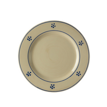 Marinella Melamine Dinner Plate, round cream plate with a dark blue rim line and floral dot pattern, on a white background.