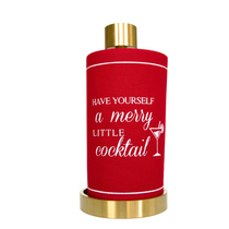 Have Yourself a Merry Little Cocktail" Cocktail Napkin Roll, red cylindrical dispenser with gold trim, white text & cocktail glass.