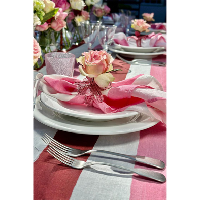 Stripe Linen Tablecloth in Raspberry Red and Rose Pin k