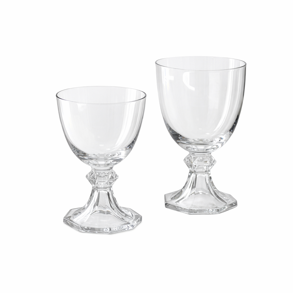 Vintage Val St. Lambert Crystal Water & Wine Goblets | Set of 16, clear faceted stems with hexagonal bases, two sizes