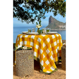 Yellow Gingham Linen Tablecloth with Green Border