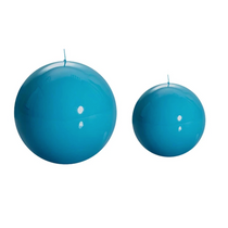 Lacquer Ball Candle, Large, glossy turquoise blue spherical, displayed beside a smaller matching candle.