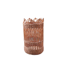 Large Woven Vase in natural rattan with cylindrical shape and decorative braided rim against white background