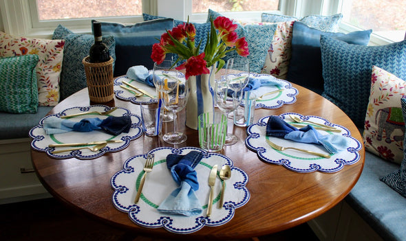 Fete Linen Embroidered Placemats in Blue/Green, set of 4