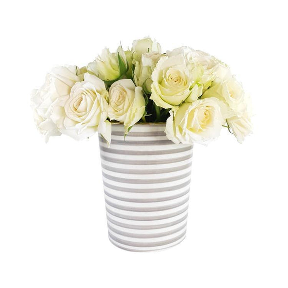 gray and white striped vase, gold detail, two webster