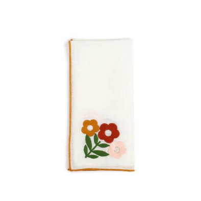Floral Embroidered Linen Napkins in Amber, set of 4