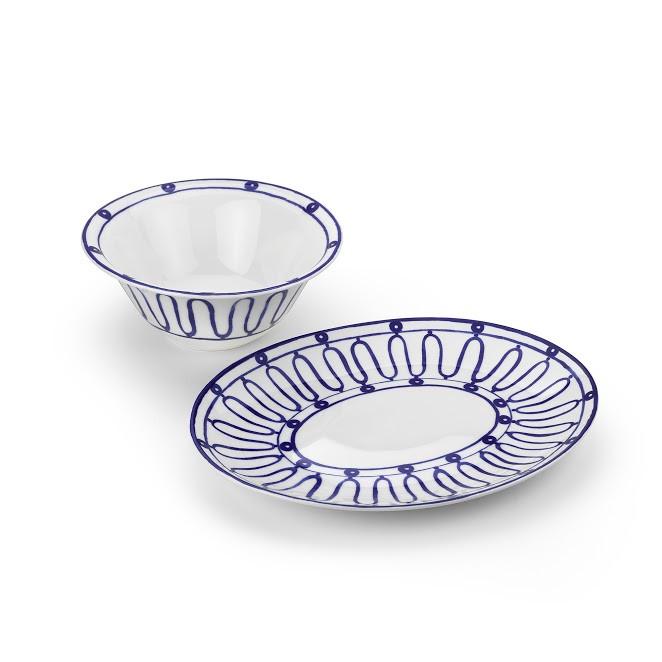 serving bowl and plate set, two webster, made in greece, blue and white design, kitchenware